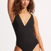 Clearance Seafolly Active V Neck Swimsuit Black