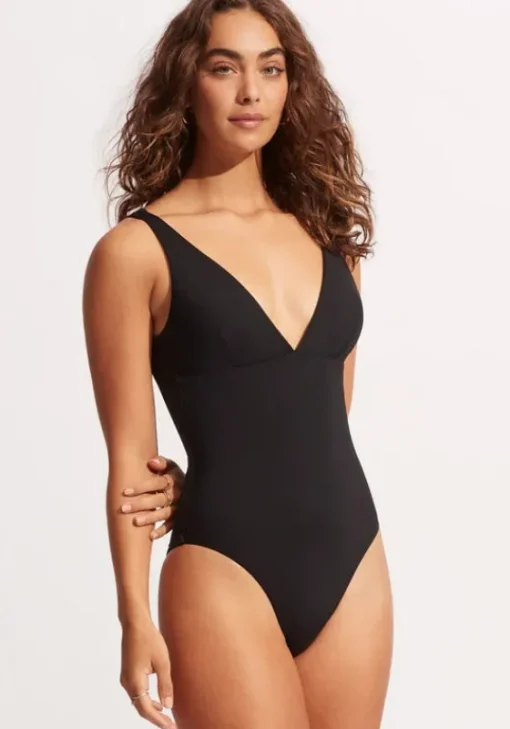 Clearance Seafolly Active V Neck Swimsuit Black