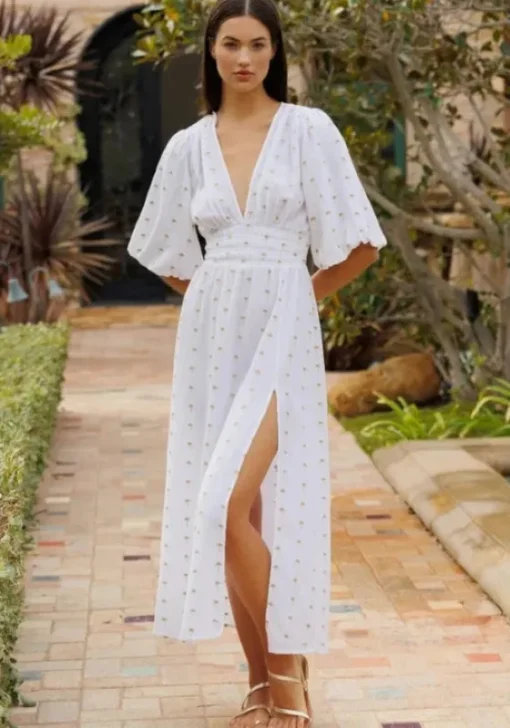 Best Sundress Aurelie Dress Gold Palm Trees White/Gold