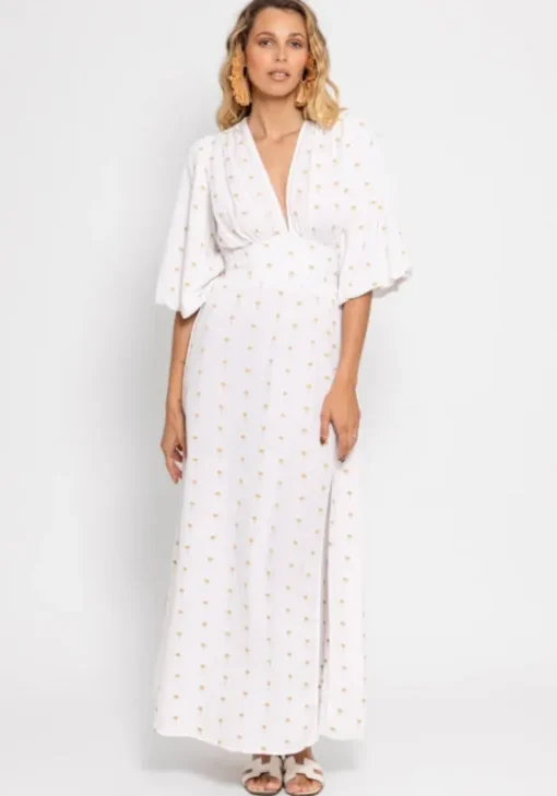 Best Sundress Aurelie Dress Gold Palm Trees White/Gold