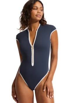 Best Seafolly Beach Bound Zip Front Swimsuit Navy
