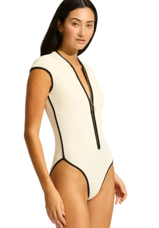 Outlet Seafolly Beach Bound Zip Front Swimsuit Ecru