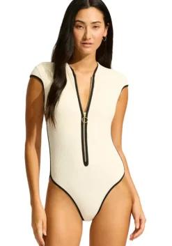Outlet Seafolly Beach Bound Zip Front Swimsuit Ecru