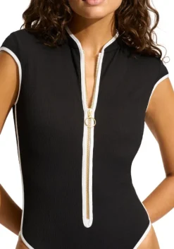Sale Seafolly Beach Bound Zip Front Swimsuit Black