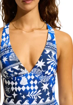 Sale Seafolly Corfu V Neck Swimsuit Azure Corfu Azure