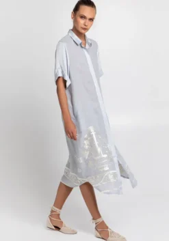 New Greek Archaic Kori Crete Button Down Midi Dress Grey