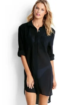Outlet Seafolly Crinkle Twill Beach Shirt Black