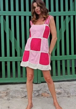 Sale Pitusa Crochet Checkered Mini Dress Pink