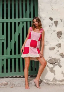 Sale Pitusa Crochet Checkered Mini Dress Pink