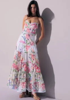 New Charo Ruiz Danny Long Dress White Botanical