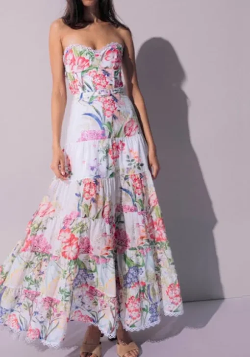 New Charo Ruiz Danny Long Dress White Botanical