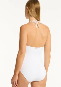 Outlet Sea Level Drift Halter Swimsuit White