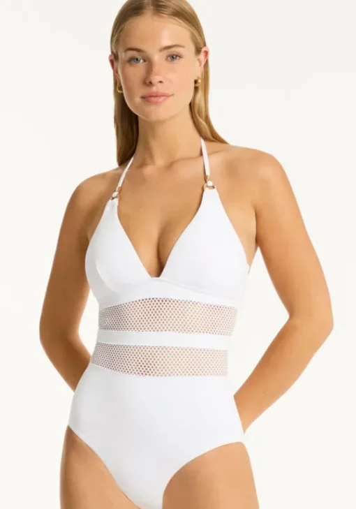 Outlet Sea Level Drift Halter Swimsuit White