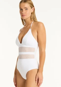 Outlet Sea Level Drift Halter Swimsuit White