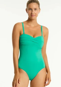 Clearance Sea Level Essentials Twist Bandeau Swimsuit Evergreen