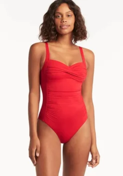 Online Sea Level Essentials Twist Front Swimsuit Red
