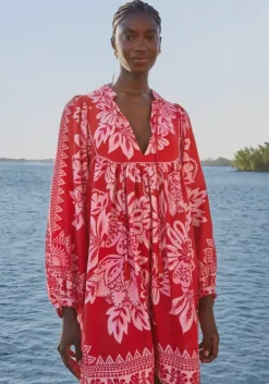 Sale Farm Rio Flora Tapestry Red Long Sleeve Mini Dress