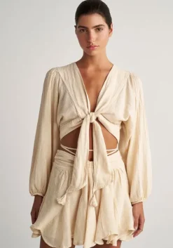 Sale Pearl & Caviar Gauze Tie Front Top Butter