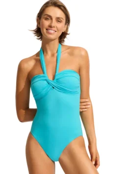 Sale Seafolly Halter Bandeau Swimsuit Blue Atoll
