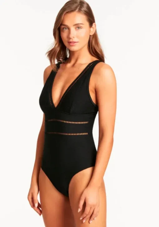 Clearance Sea Level Honeycomb Spliced Swimsuit Black