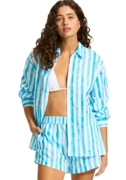 Clearance Seafolly Isla Palm Oversized Beach Shirt Turquoise Isla Palm Turquoise
