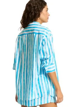 Clearance Seafolly Isla Palm Oversized Beach Shirt Turquoise Isla Palm Turquoise