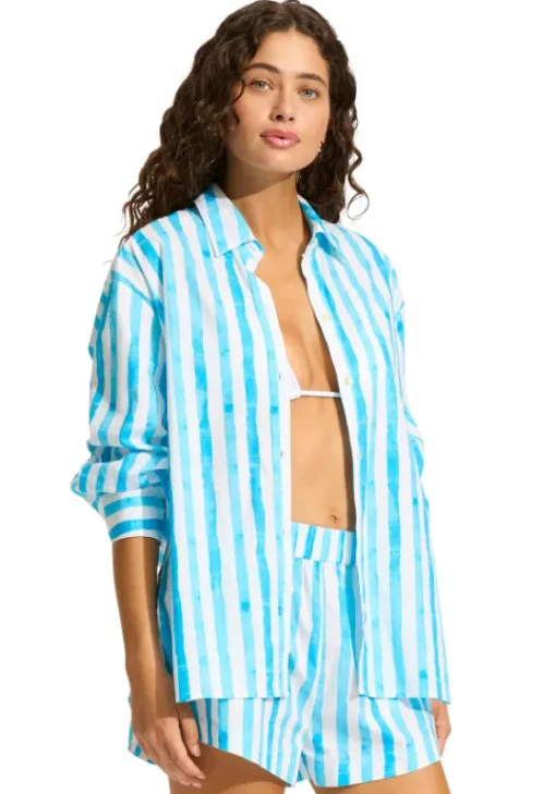 Clearance Seafolly Isla Palm Oversized Beach Shirt Turquoise Isla Palm Turquoise