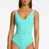 New JETS Swimwear Isla Rib V Neck Belted Swimsuit Dolce