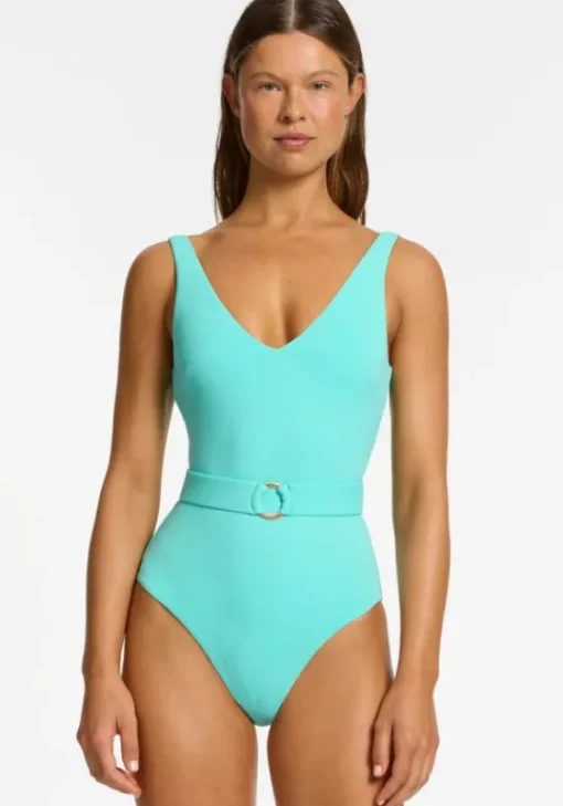 New JETS Swimwear Isla Rib V Neck Belted Swimsuit Dolce