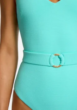 New JETS Swimwear Isla Rib V Neck Belted Swimsuit Dolce