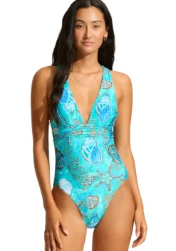 Discount Seafolly La Mer Cross Back Swimsuit Blue