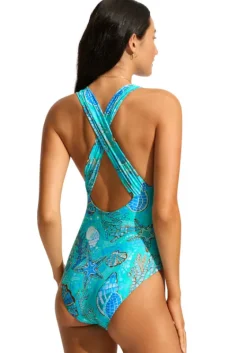 Discount Seafolly La Mer Cross Back Swimsuit Blue