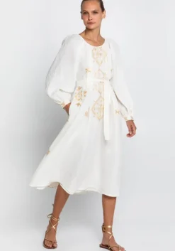 Fashion Greek Archaic Kori Lefkada Scoop Neck Midi Dress White White/Gold