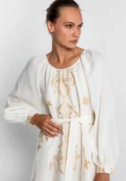 Fashion Greek Archaic Kori Lefkada Scoop Neck Midi Dress White White/Gold