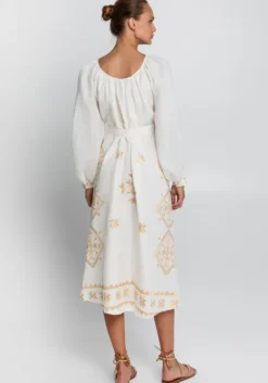 Fashion Greek Archaic Kori Lefkada Scoop Neck Midi Dress White White/Gold
