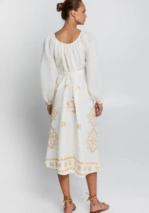 Fashion Greek Archaic Kori Lefkada Scoop Neck Midi Dress White White/Gold