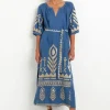 Clearance Greek Archaic Kori Maxi Kaftan with Feather Embroidery Indigo