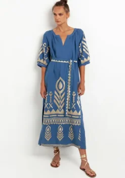 Clearance Greek Archaic Kori Maxi Kaftan with Feather Embroidery Indigo