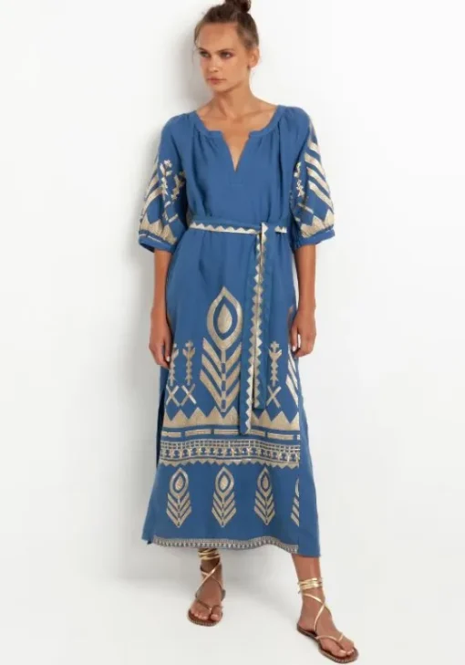 Clearance Greek Archaic Kori Maxi Kaftan with Feather Embroidery Indigo