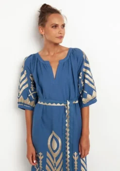 Clearance Greek Archaic Kori Maxi Kaftan with Feather Embroidery Indigo