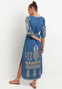 Clearance Greek Archaic Kori Maxi Kaftan with Feather Embroidery Indigo