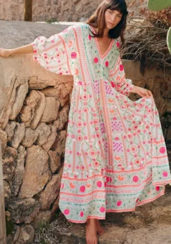 Discount Juliet Dunn Mexican Embroidered V Neck Maxi Dress Mexican Embroidery