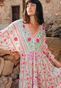 Discount Juliet Dunn Mexican Embroidered V Neck Maxi Dress Mexican Embroidery