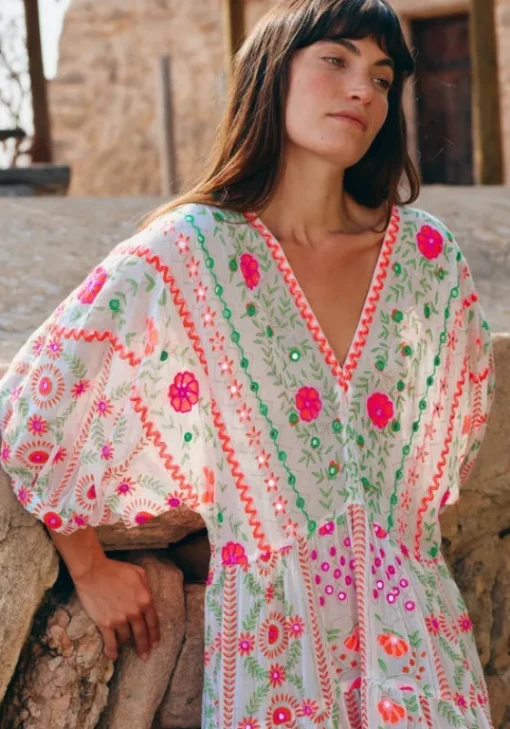 Discount Juliet Dunn Mexican Embroidered V Neck Maxi Dress Mexican Embroidery