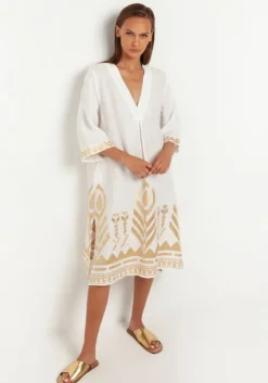 Hot Greek Archaic Kori Midi Kaftan With Gold Embroidery White White/Gold
