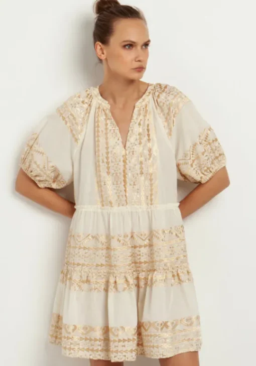 New Greek Archaic Kori Mini Dress with Triangle Embroidery Natural