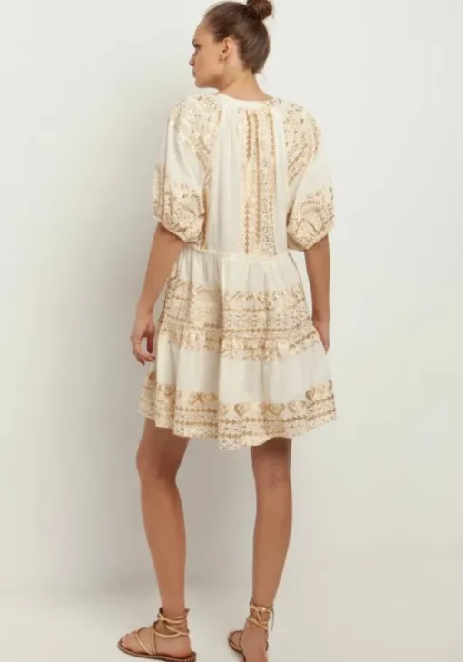 New Greek Archaic Kori Mini Dress with Triangle Embroidery Natural