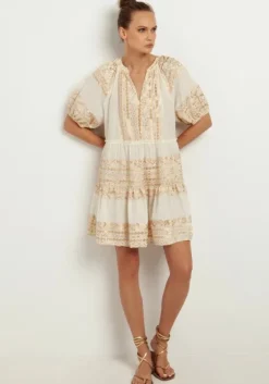 New Greek Archaic Kori Mini Dress with Triangle Embroidery Natural