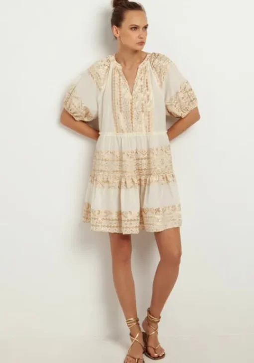 New Greek Archaic Kori Mini Dress with Triangle Embroidery Natural