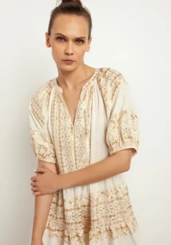 New Greek Archaic Kori Mini Dress with Triangle Embroidery Natural